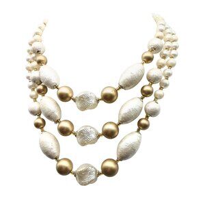 Vintage Multi-Strand Faux Pearl & Gold Tone Beaded Necklace With Textured Beads